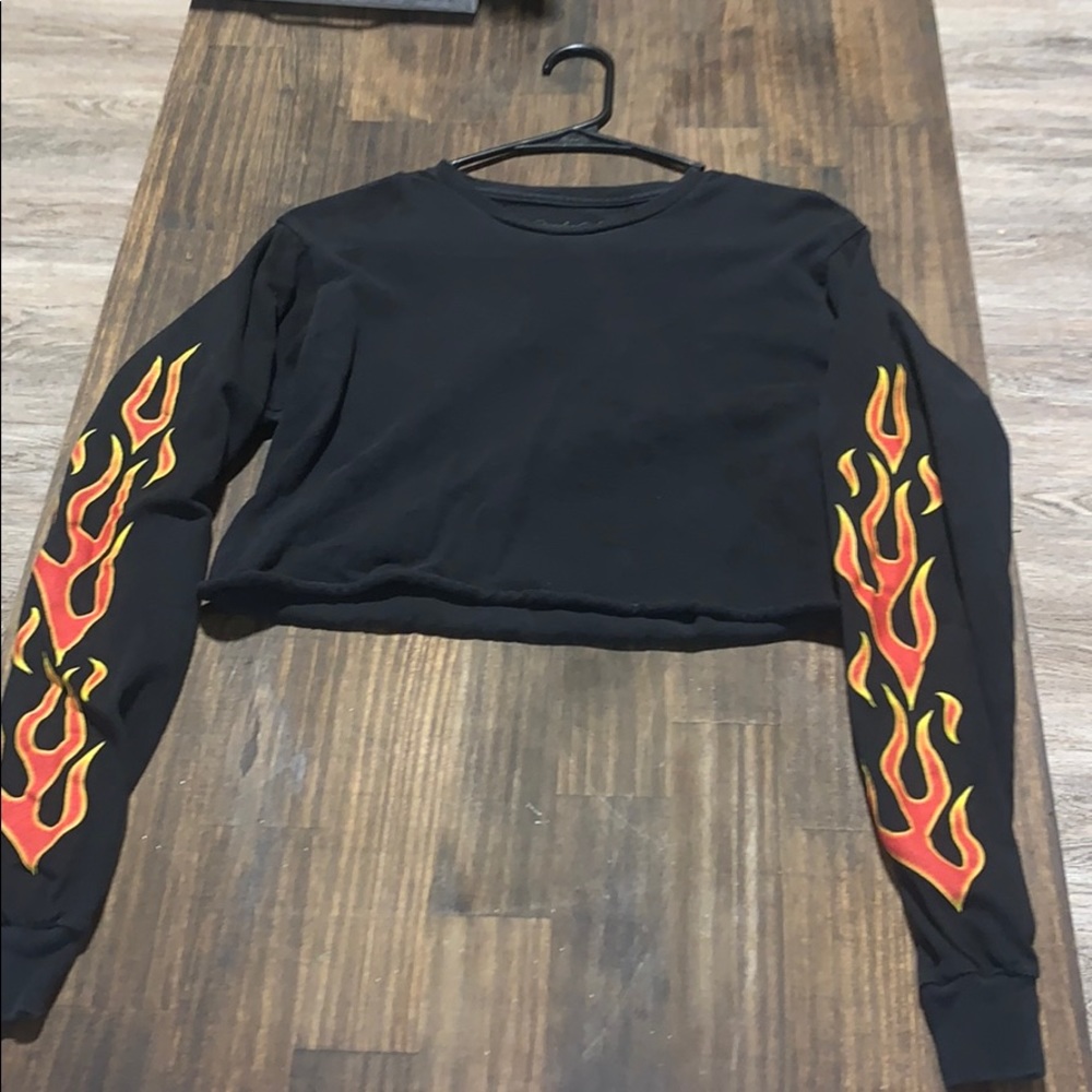 Black cropped top with fire on the sleeves